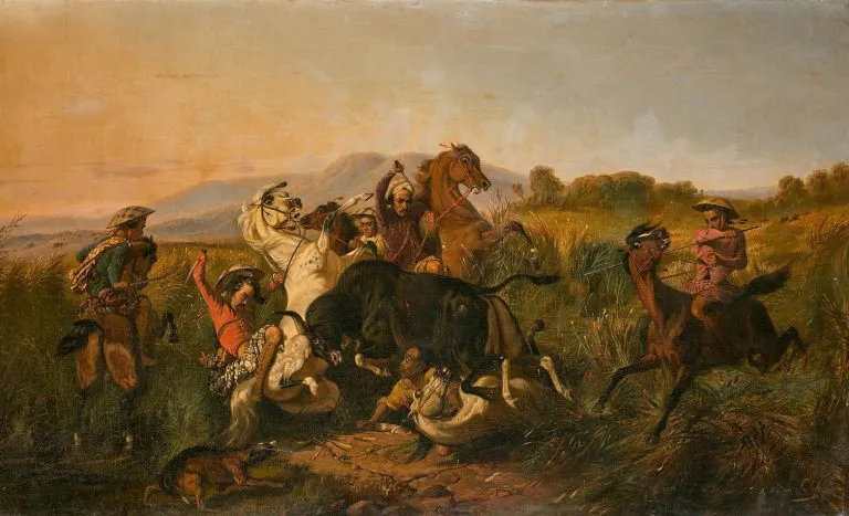 RADEN SALEH (1811-1880) - Jagd auf einen wilden Stier (Bateng), Öl/Lwd., signiert und datiert, 1855