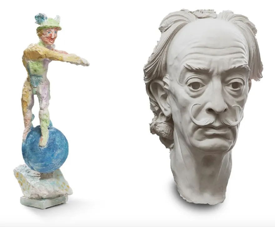 Links: MARKUS LÜPERTZ (*1941 Reichenberg) - Mercurius, Gips, farbig gefasst, monogrammiert Rechts: ARNO BREKER (1900 Elbersfeld - 1991 Düsseldorf) - Büste Salvador Dalís, Gips, signiert und datiert, 1974/75