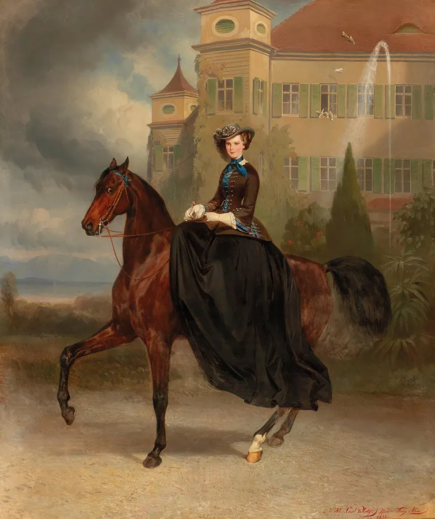 Carl von Piloty (1826-1886) och Franz Adam (1815-1886) -. Kejsarinnan Elisabeth av Österrike som brud till häst i Possenhofen 1853, Olja / LWD, 128 x 108 cm, betecknad, signerad och daterat 1853 Utropspris: 300,000-400,000 EUR