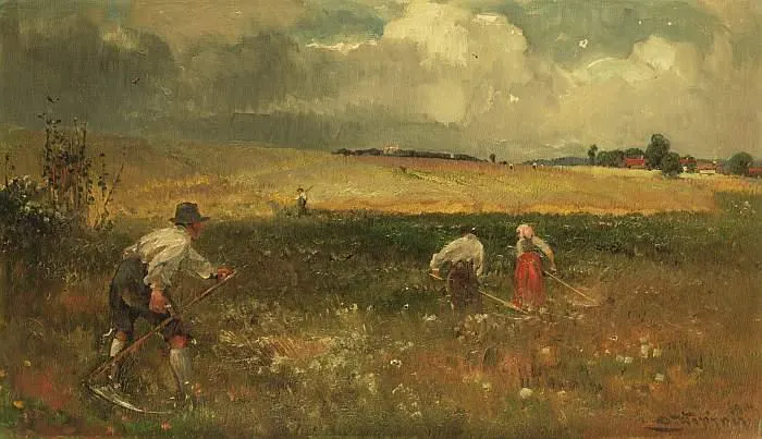 JOSEF WOPFNER (1843 Schwarz i.T. - 1928 München) - Mäher Chiemgau, Öl/Lwd./Holz, signiert und datiert, 1914