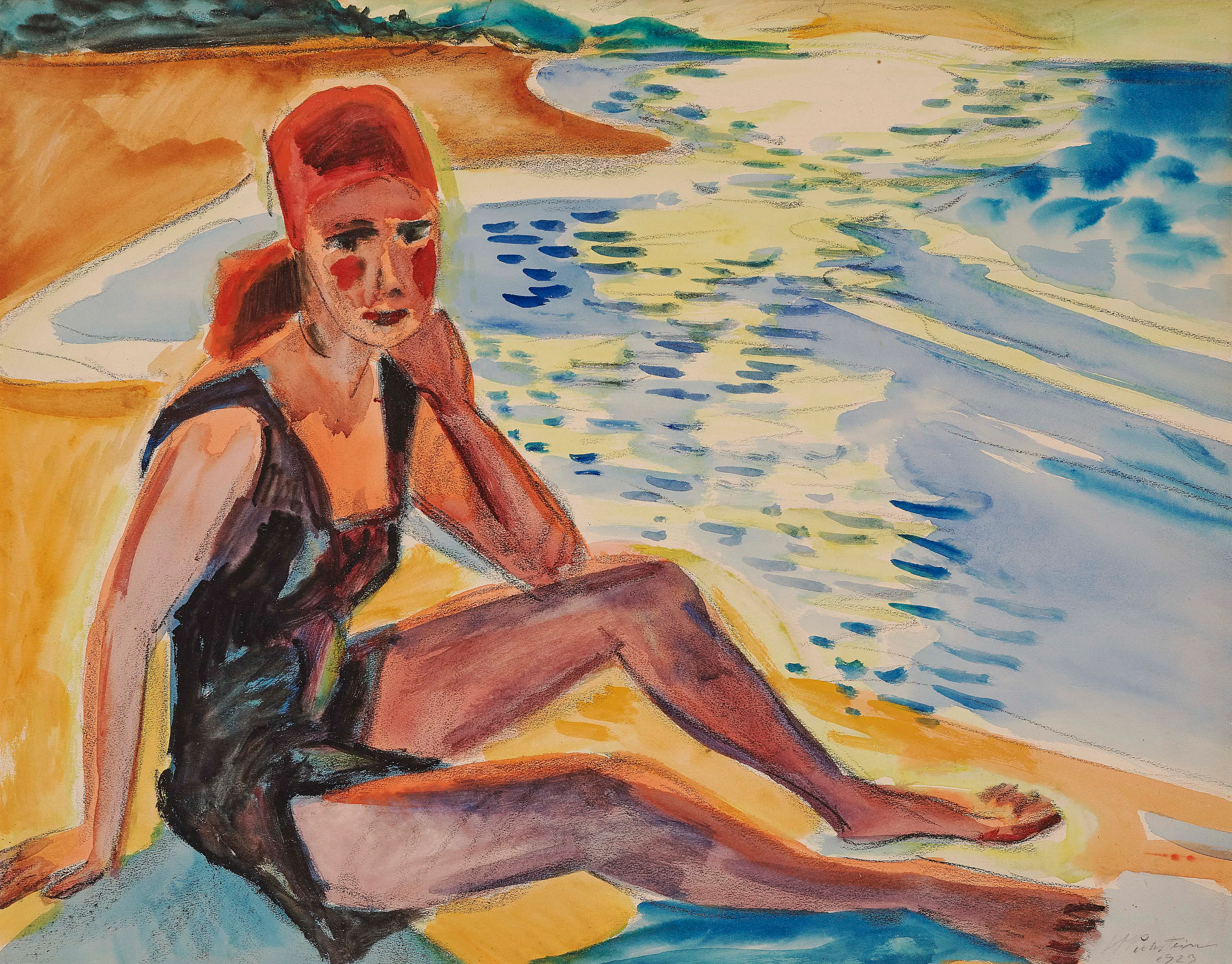 HERMANN MAX PECHSTEIN (1881 Zwickau - 1955 Berlin) - Am Meeresstrand, Aquarell u. Kohle/Zeichenpapier, betitelt, signiert, und datiert, 1923