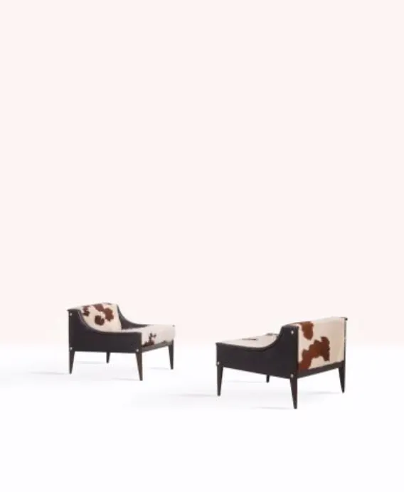 Gio Ponti, pair of low armchairs, leather, hide, steel