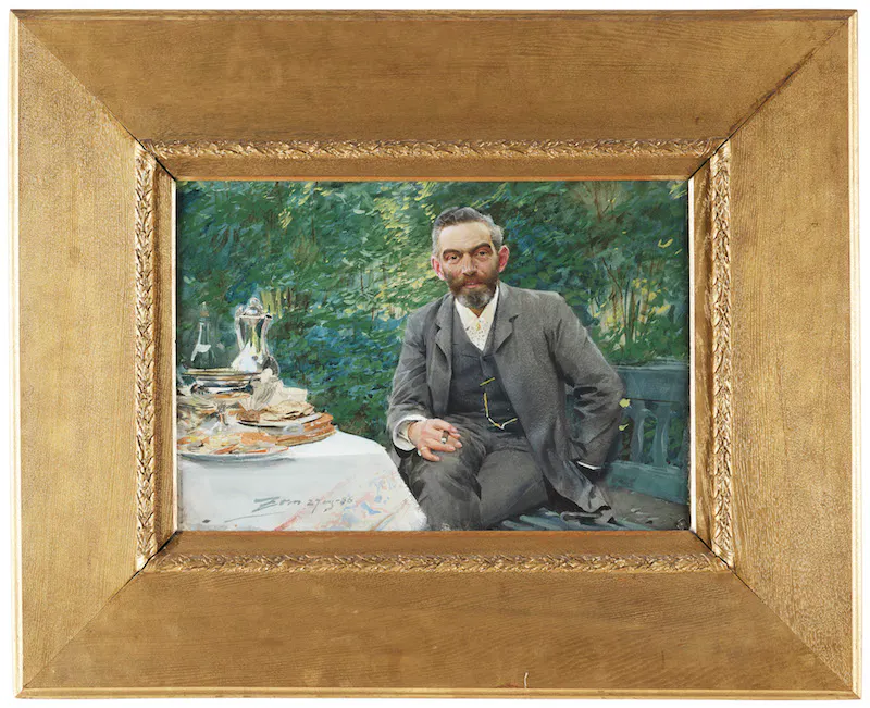 Ytterligare en paradmålning av Anders Zorn målad under ett av hans absolut bästa år som aktiv konstnär. Den lilla akvarellen ”Frukost i det gröna” är signerad och daterad Zorn 27 aug -86