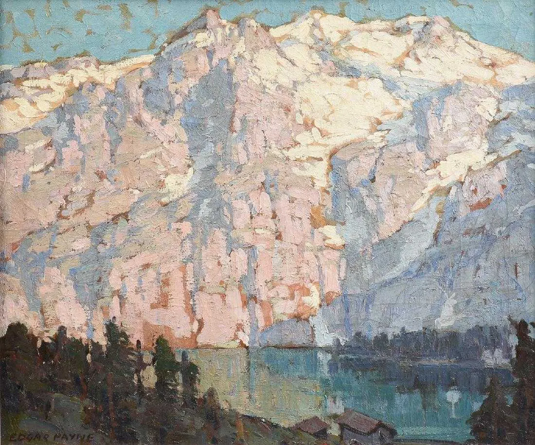 Edgard Payne, Pink and Violet Mountains with Lake Front Houses, image ©Simpson Galleries