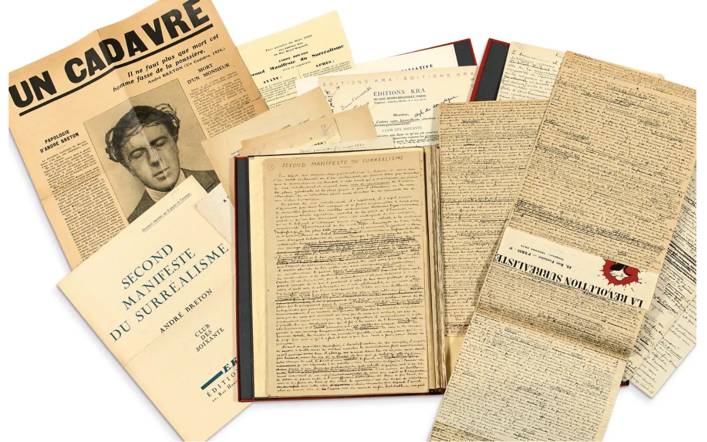 SECOND SURREALIST MANIFESTO. SIGNED AUTOGRAPH MANUSCRIPTS. MARKED PAPERS AND COLLECTION OF AUTOGRAPH DOCUMENTS. 1928- 1929. DOCUMENTS IN A FITTED CASE [DANIEL MERCHER]. In the second Surrealist Manifesto, Andre Breton reaffirms the bases of Surrealism and recuses certain former surrealist companions. He calls for social involvement, while warning against the risks of indoctrination.