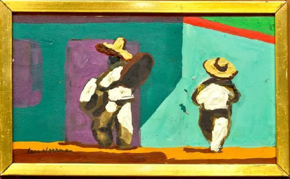 Lars Norrman 1915-1979 figurer Mexiko, oljemålning pannå, signerad, 26x15. Utrop: 400 SEK. Västra Auktionsverket