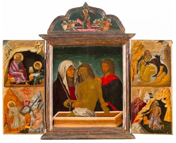 NIKOLAOS TZAFOURIS (1455 Candia/Kreta - 1501) zug. - Triptychon mit der Beweinung Christi (Grablegung), der Verkündung und ausgewählten Heiligen, Ende 15. Jh. 