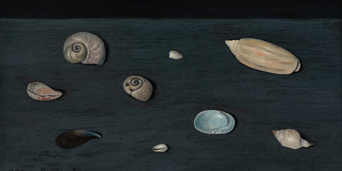 Gertrude Abercrombie (1909-1977), Alderman Merriam's Shells, 1951, signiert und datiert, rückseitig betitelt, Öl auf Masonitplatte im Originalrahmen, ca. 20,3 x 28 cm. Foto © Freeman's (Detail)