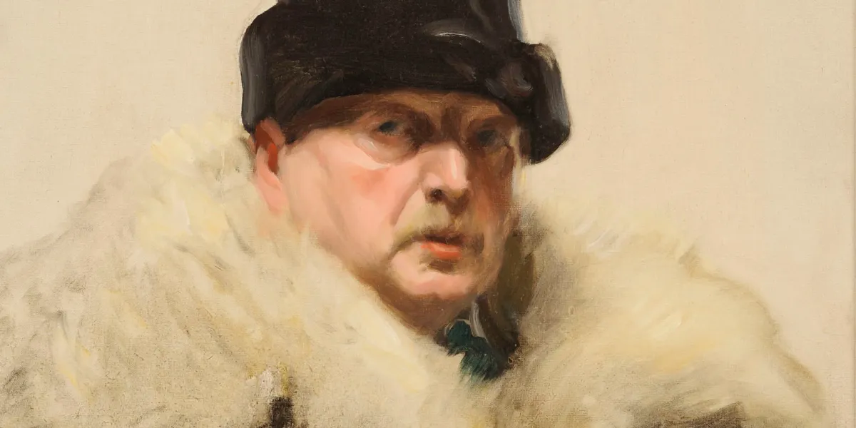 Anders Zorn (1860-1920), Selbstporträt im Wolfspelz, 1915, Öl/Lwd., 90 x 58,5, Zornsamlingarna, Mora. Foto gemeinfrei (Detail)