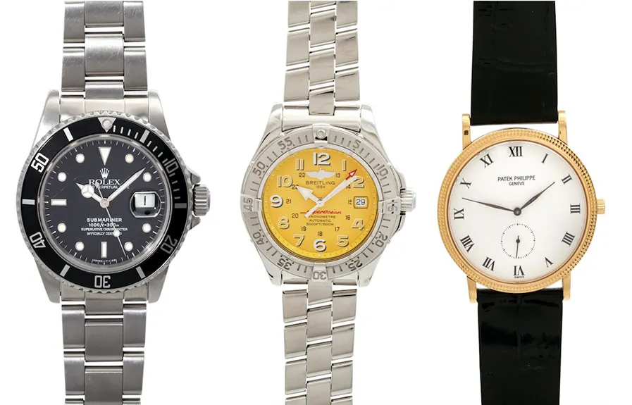 Links: ROLEX Submariner Herrenuhr, Edelstahl, ca. 1980er Jahre Mitte: BREITLING Superocean Yellow Dial, Edelstahl Rechts: PATEK PHILIPPE Calatrava Herrenuhr, GG