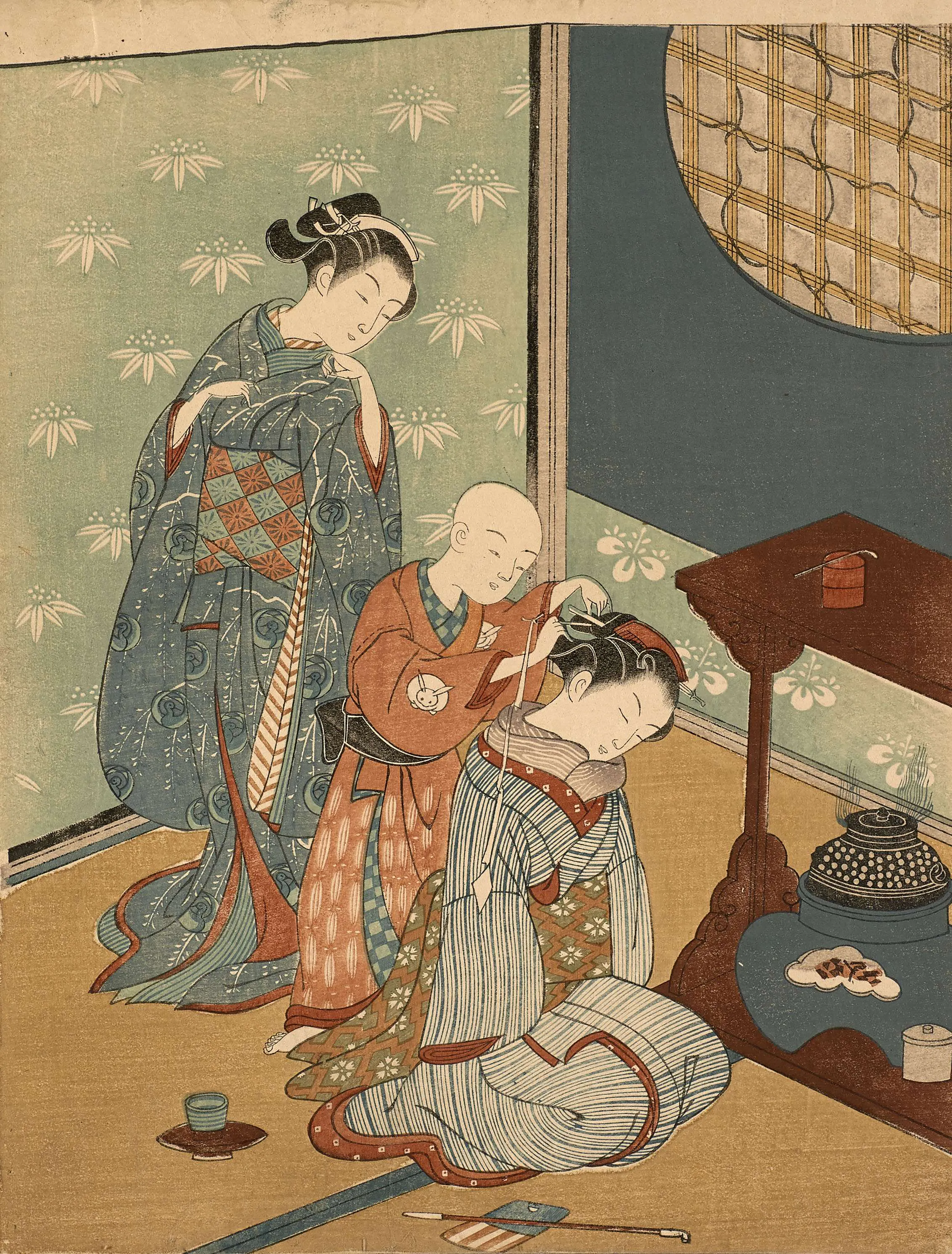 Geisha looking at a child styling another geisha, Suzuki Harunobu