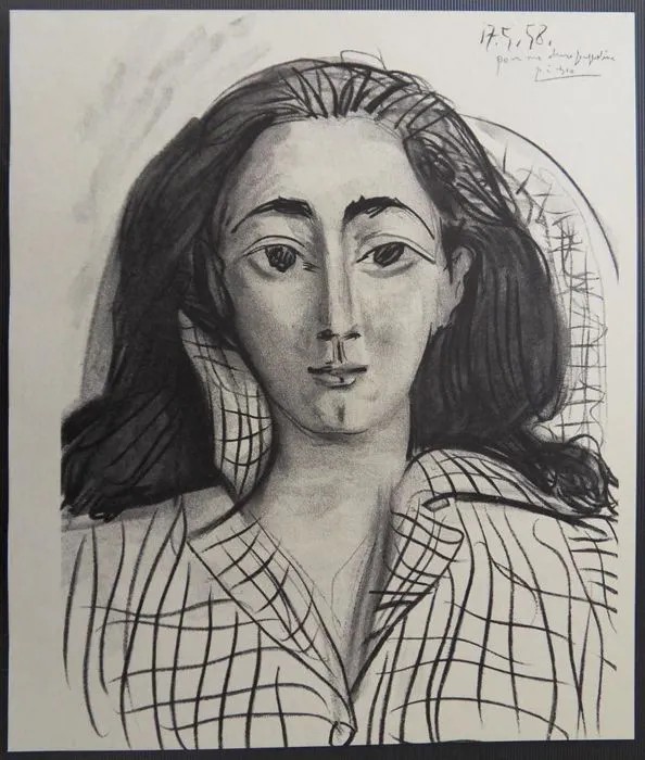 Pablo Picasso, porträtt av Jacqueline Roque, Picassos musa och andra fru. Litografin är tryckt på velängpapper år 1958.