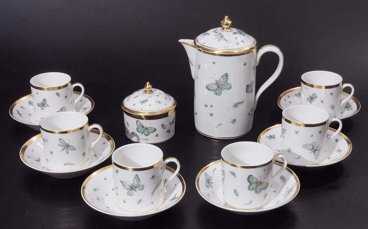 NYMPHENBURG Kaffeeservice mit Insektendekor für 6 Personen, um 1810