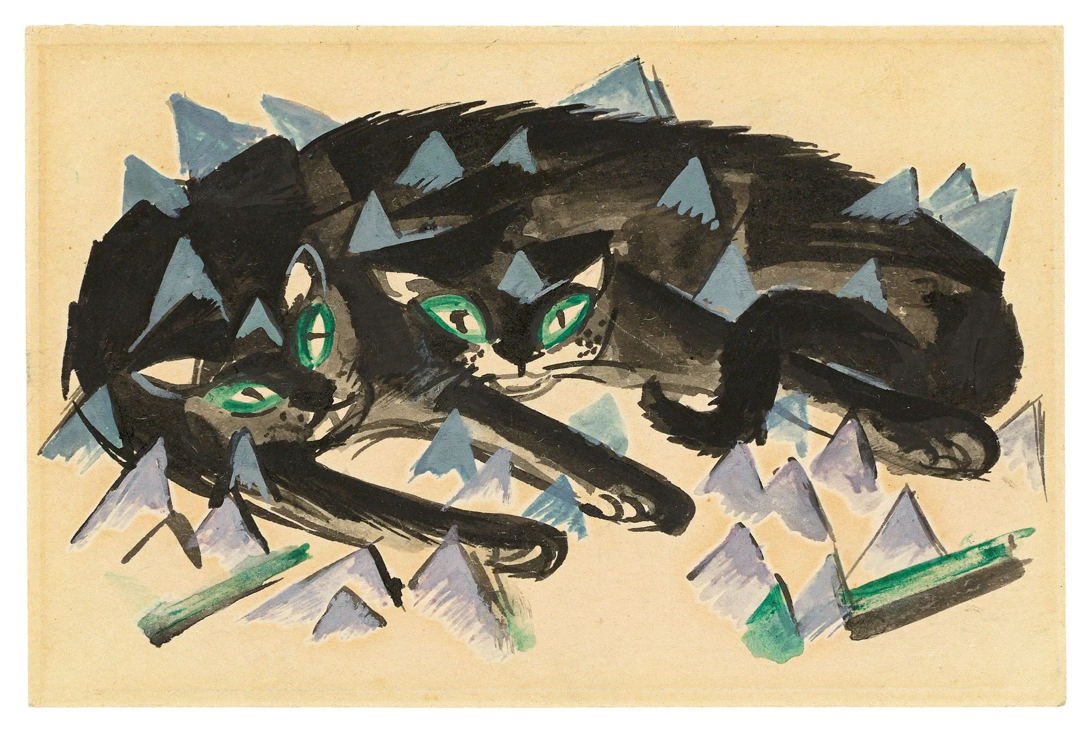 FRANZ MARC (München 1880 – 1916 Verdun) - Zwei liegende schwarze Katzen, Aquarell/festes Papier, 1913