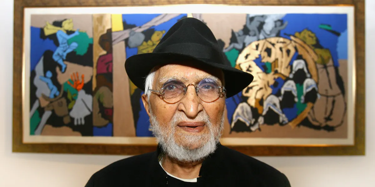 M.F Husain in front of one of his paintings, 3 July 2007, London. Photo by Chris Jackson/Getty Images (detail)