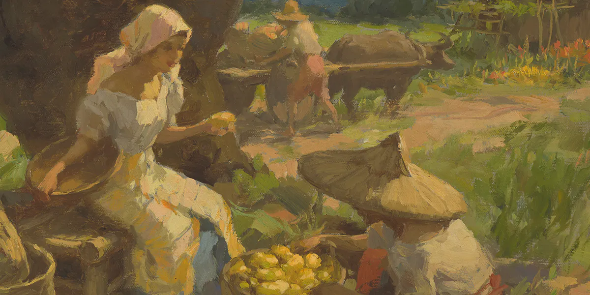 Fernando Amorsolo (1892 Paco, Philippinen - 1972 Manila), Unter dem Mangobaum, 1950, signiert und datiert, Öl/Malkarton, 35,4 x 45,5 cm, gerahmt. Foto © Schuler Auktionen (Detail)