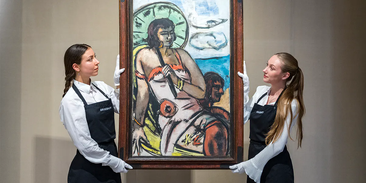 Zwei Mitarbeiterinnen von Grisebach mit Max Beckmanns Gemälde "Quappi mit grünem Sonnenschirm", das am Abend des 28. November mit einer Schätzung in Höhe von 4-6 Millionen Euro zum Aufruf kam. Foto © Stefanie Loos (Detail)
