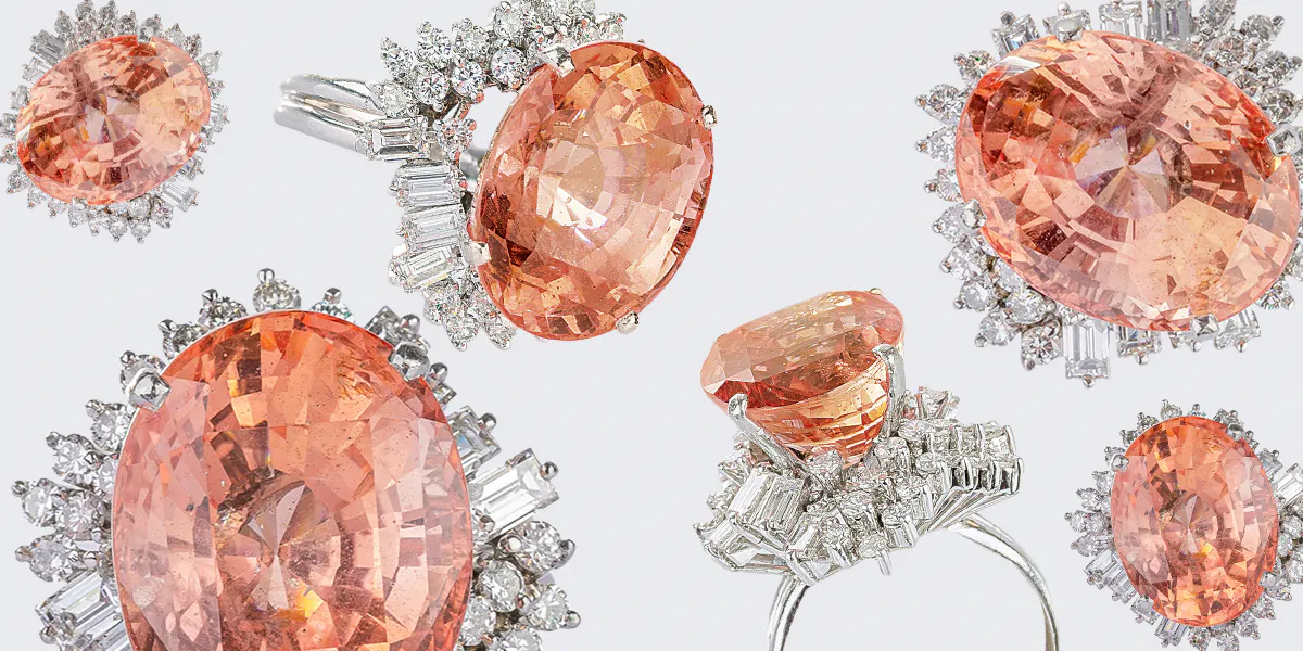 Ein Ring mit seltenem Padparadscha-Saphir von 21,50 ct stellte am 29. November im Hamburger Auktionshaus Stahl einen neuen deutschen Auktionsrekord im Bereich Schmuck auf. Fotos © Auktionshaus Stahl (Collage)
