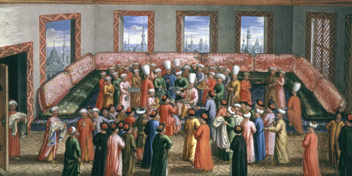 Jan Gninskis diplomatiska uppdrag i Istanbul, avskedsmottagning för det polska sändebudet, 1679, gouache med bladguld på papper, Czartoryski Museum, Kraków, Polen. Foto av Art Images via Getty Images (detalj)
