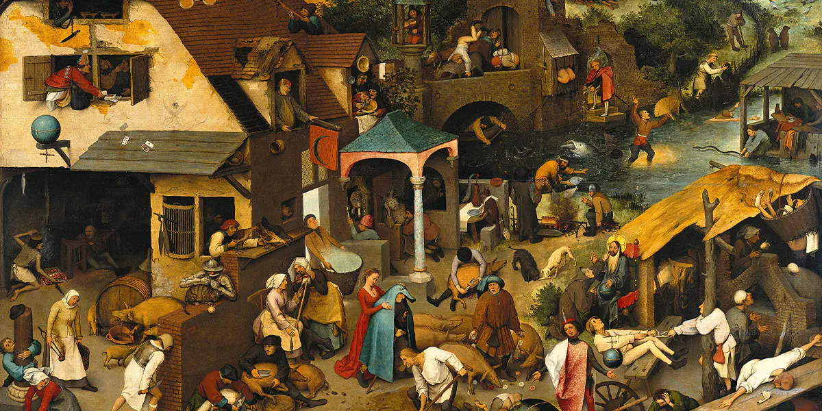 Pieter Brueghel der Ältere (um 1525/30-1569), Die niederländischen Sprichwörter, 1559, Öl/Eichenholztafel, 117 x 163 cm, Gemäldegalerie, Berlin. Foto gemeinfrei (Detail)