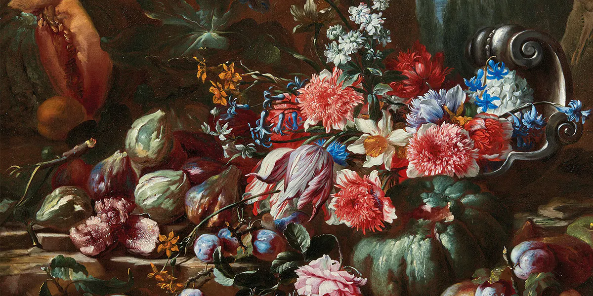 Abraham Brueghel (1631-1697), Tulpen, Narzissen, Rosen und andere Blumen mit verschiedenen Früchten und einer silbernen Vase, ca. 1650-90, Öl/Lwd., 72 x 95,5 cm. Foto gemeinfrei (Detail)