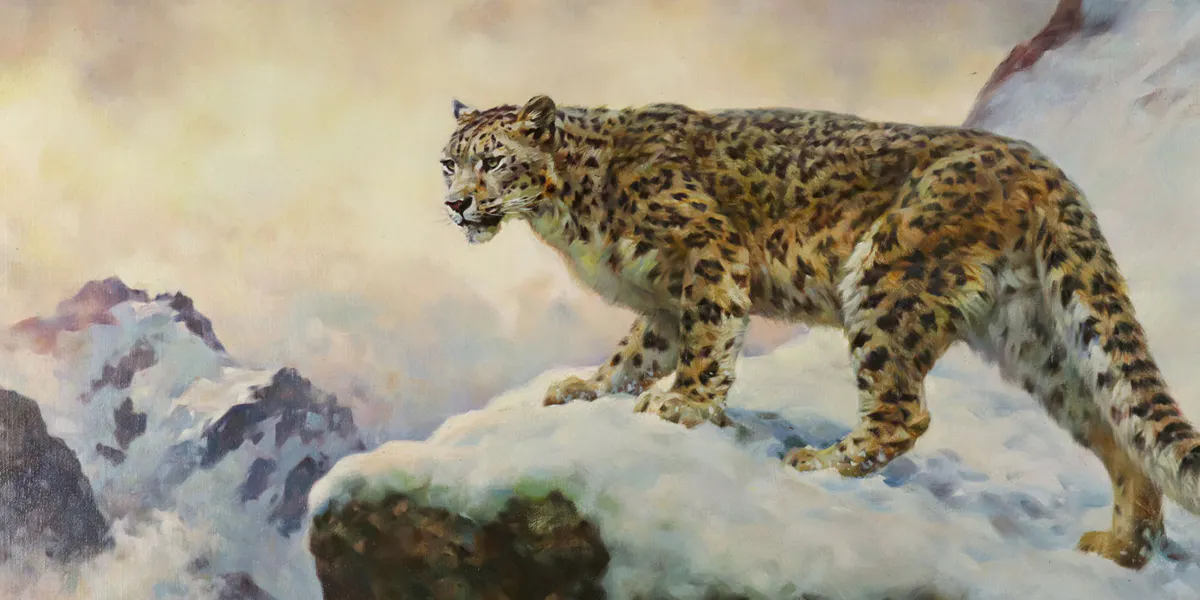 Sergio Budicin (*1939 Triest), "Schneeleopard im Gebirge", signiert und rückseitig nummeriert "Nr. 23252", Öl/Lwd., ca. 91 x 90,5 cm, gerahmt. Foto © Auktionshaus Franke (Detail)