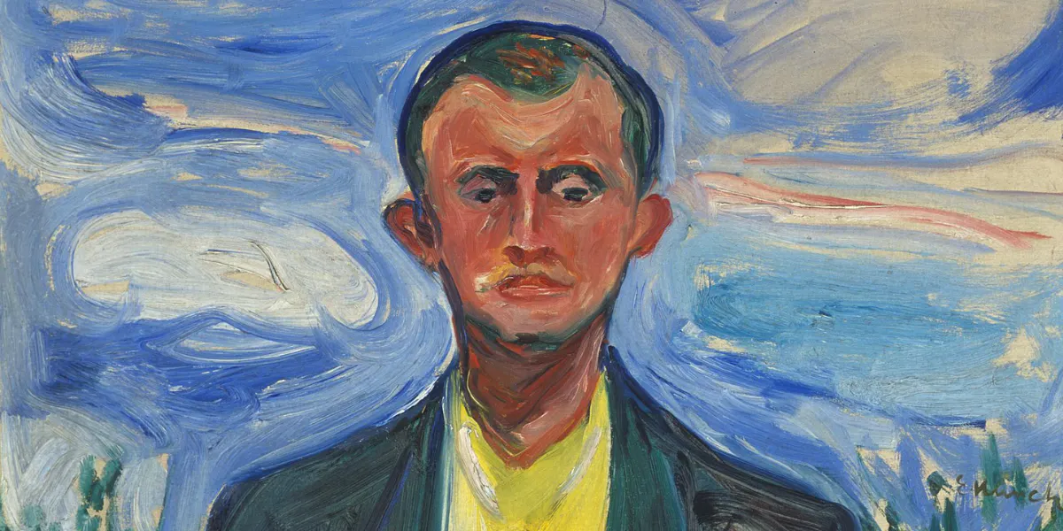 Edvard Munch, Self-Portrait against a Blue Sky, 1908, oil on canvas, Munch Museum Collection. Image in the public domain via Wikimedia Commons (detail).