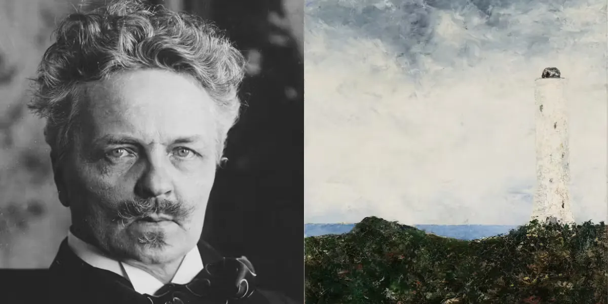 Gauche : photographie d'August Strindberg (1849-1912), probablement prise par Herman Anderson vers 1902. Domaine public | Droite : La peinture à l'huile d'August Strindberg « Fyrtornet II » (1901), qui sera vendue chez Sotheby's New York le 6 février 2025. Photo © Sotheby's (détail)
