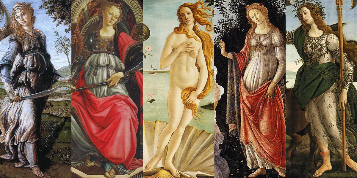 The protagonists from five paintings by Botticelli. Photos in the public domain (details)