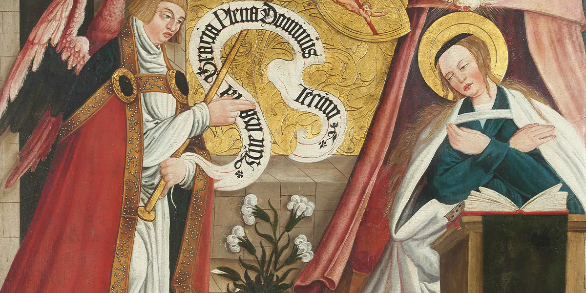 Caspar Hagenbuch d. Ä., (um 1500 St. Gallen - um 1579), Verkündigung an Maria, verso Christophorus mit dem Jesuskind, Öl auf Holz, 87 x 101 cm/ 103,5 x 117,2 cm (mit Rahmen). Foto © Auktionshaus Schuler (Detail)
