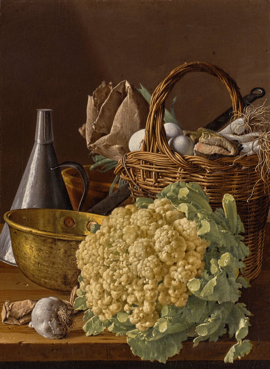 Luis Meléndez, Still Life with a Cauliflower, a Basket with Eggs, Leeks, and Fish, and Assorted Kitchen Utensils, oil on canvas, estimated at $5-8 million. Photo © Sotheby's