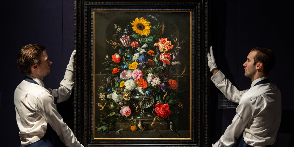 Jan Davidsz. De Heem, Still Life of Roses, Tulips, Lilies, Poppies, a Sunflower, an Iris, Honeysuckle and Other Flowers in a Glass Vase with Two Birds, a Grasshopper and a Snail, oil on canvas, estimated at $8-12 million. Photo © Sotheby's Jan Davidsz. De Heem, Still Life of Roses, Tulips, Lilies, Poppies, a Sunflower, an Iris, Honeysuckle and Other Flowers in a Glass Vase with Two Birds, a Grasshopper and a Snail, oil on canvas, estimated at $8-12 million. Photo © Sotheby's