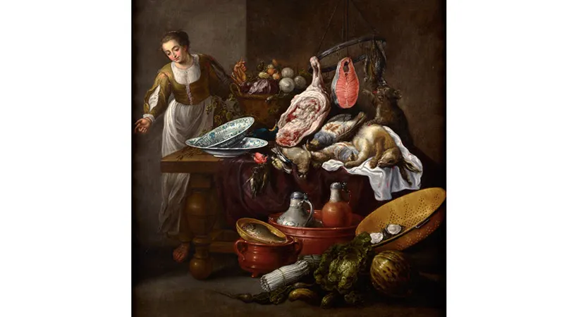 ADRIAEN VAN UTRECHT 1599 Antwerpen – 1652) zug. - Großes Küchenstillleben mit einer jungen Frau, Öl/Lwd.