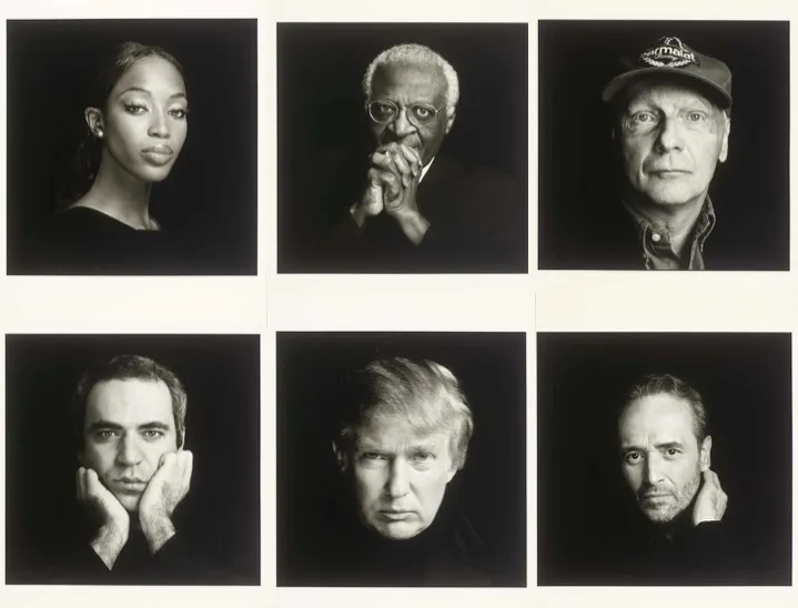 Arriba a la izquierda: RICHARD AVEDON. Naomi Campbell. Nueva York (2001) Medio superior: RICHARD AVEDON. Arzobispo Desmond M. Tutu. Atlanta (2000) Arriba a la derecha: RICHARD AVEDON. Niki Lauda. Viena (1998) Abajo a la izquierda: RICHARD AVEDON. Garry Kasparov. Nueva York (2000) Centro inferior: RICHARD AVEDON. Donald Trump. Nueva York (2001) Abajo a la derecha: RICHARD AVEDON. José Carreras. Nueva York (2000)