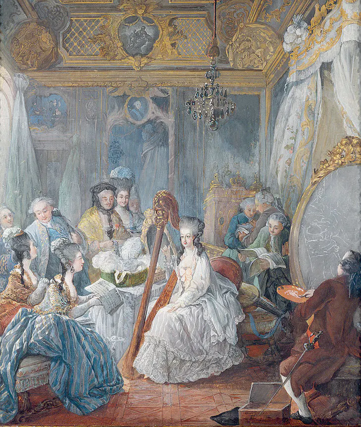 Marie-Antoinette jouant de la harpe, par Jean-Baptiste Gautier d’Agoty, 1777, Luisa Ricciarini Leemage
