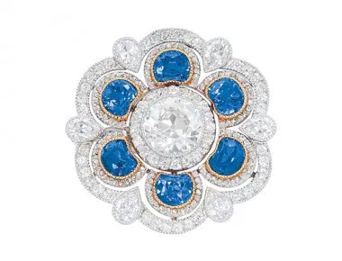 Edwardian Sapphire, Diamond, Platinum and Yellow Gold Brooch. Photo: Dupuis