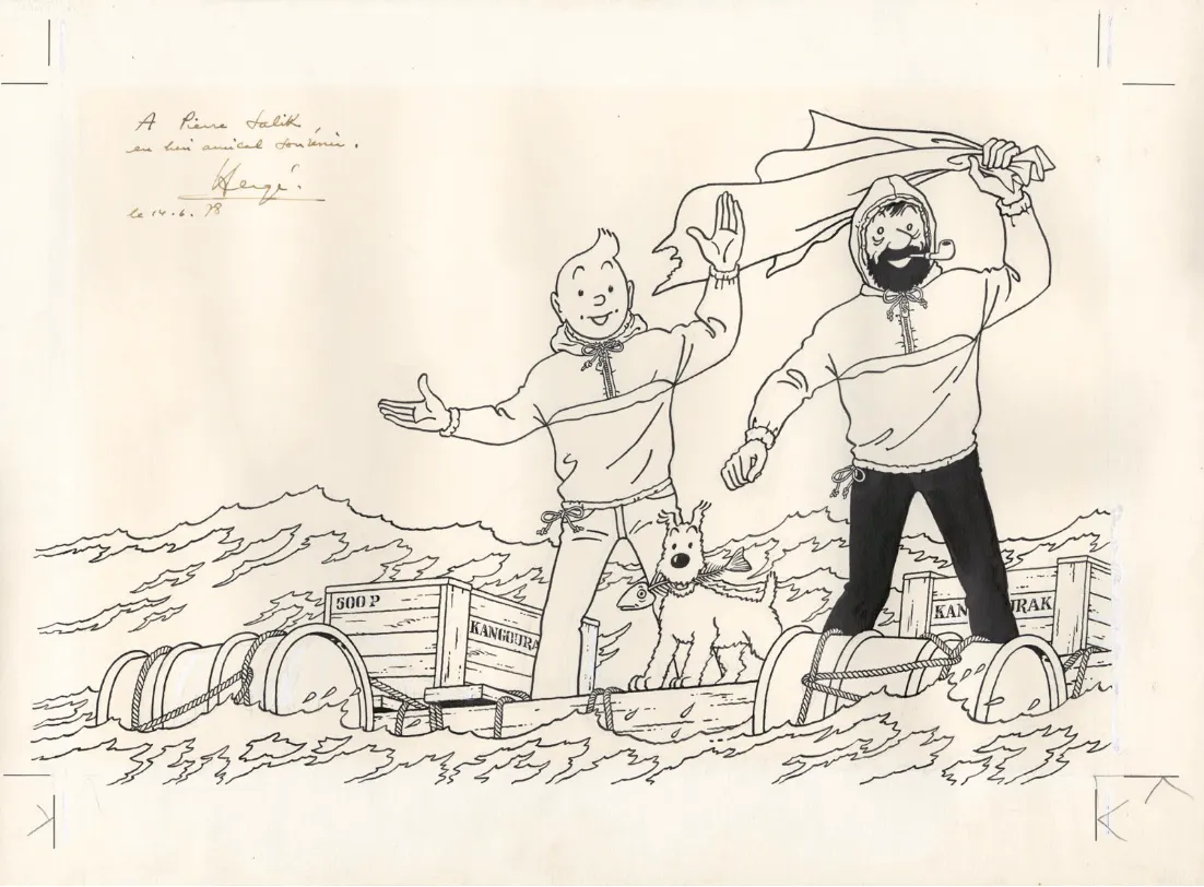 Hergé (Studios) Salik, Encre de Chine pour ce très grand dessin très proche du dessin définitif d'un des autocollants publicitaires pour les Kangourak Salik Dédicacé le 16 juin 1978 par Hergé à Pierre Salik, le patron de la firme à l'époque