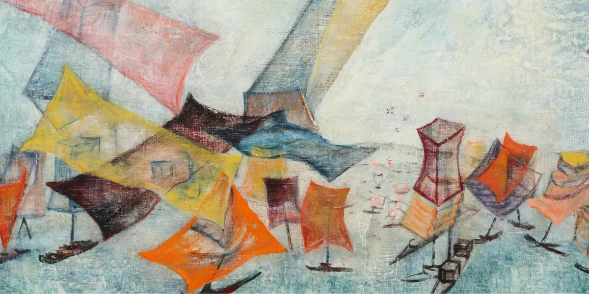 Rafi Kaiser (född 1931), surrealistisk komposition, olja på pannå, signerad -67, bildmått 65 x 46 cm. Foto © Kanonauktioner (detalj)