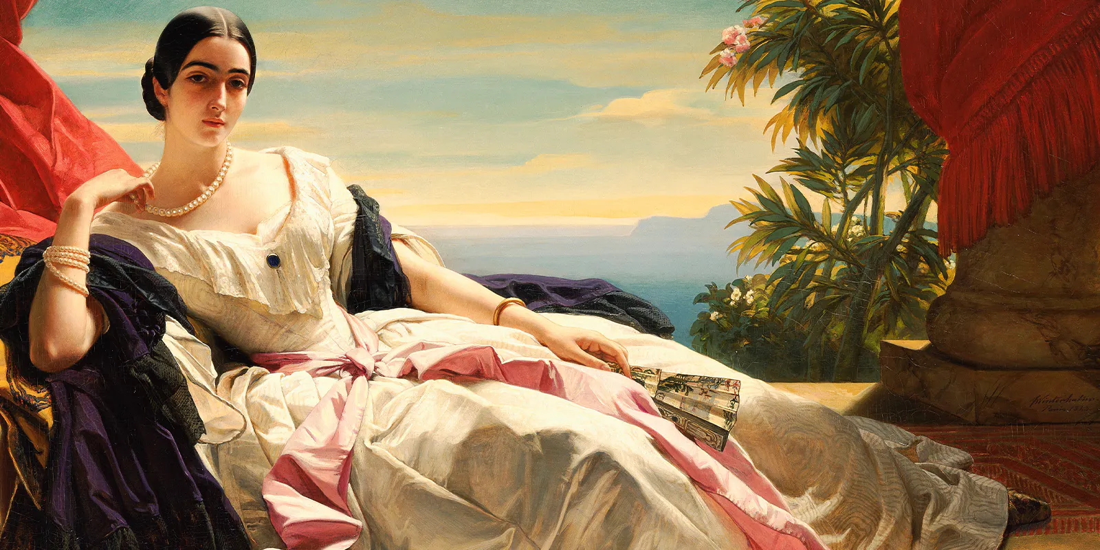 Franz Xaver Winterhalter (1805-1873), Leonilla Fürstin zu Sayn-Wittgenstein-Sayn, geb. Baryatinsky, 1843, Öl/Lwd., 142 x 212 cm, J. Paul Getty Museum, Los Angeles. Foto gemeinfrei (Detail)