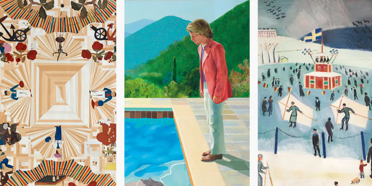 Vänster: Jockum Nordström, "De fyra väderstrecken". Foto © Bukowskis. Mitten: David Hockney, "Portrait of an Artist (Pool with Two Figures)". Foto @ Christie's. Höger: Einar Jolin, "Skridskobanan vid Stallmästaregården". Foto © Bukowskis