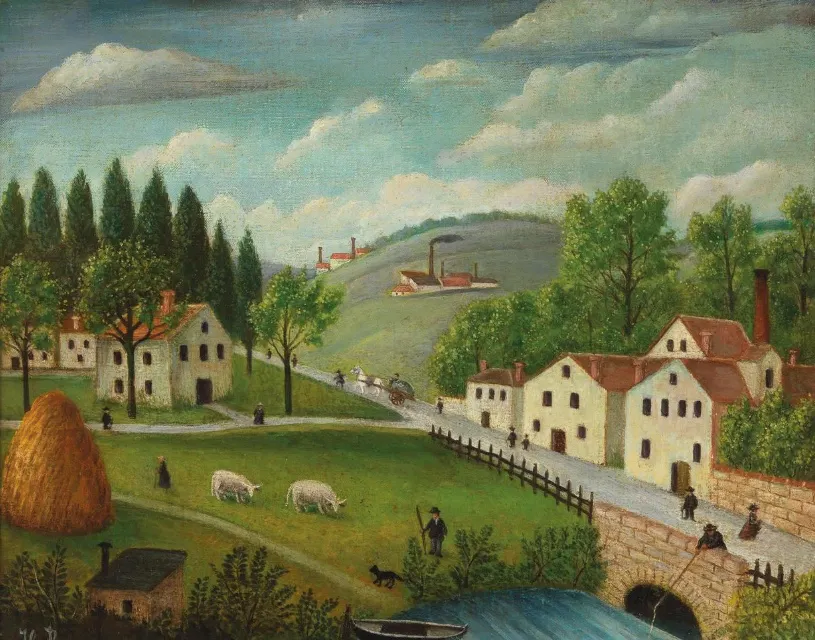 Henri “Le Douanier” Rousseau, « Pastoral landscape with stream, fisherman and strollers », 1875–1880,