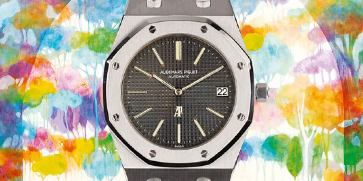 Vordergrund: Audemars Piguet, Royal Oak Jumbo A-Serie, 1972/73, Edelstahl, Automatik. Hintergrund: Eva Navarro (*1967 Madrid), Die Welt hinter dem Glas, 2024. Acryl/Lw. 190 x 190 cm (Detail). Fotos © Auktionshaus Stahl (Collage)