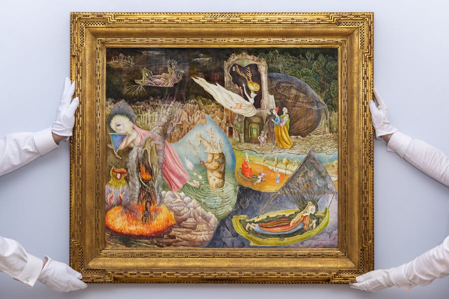 Leonora Carrington, Les Distractions de Dagobert. Tempera sur Masonite, 1945. Image © Sotheby's

