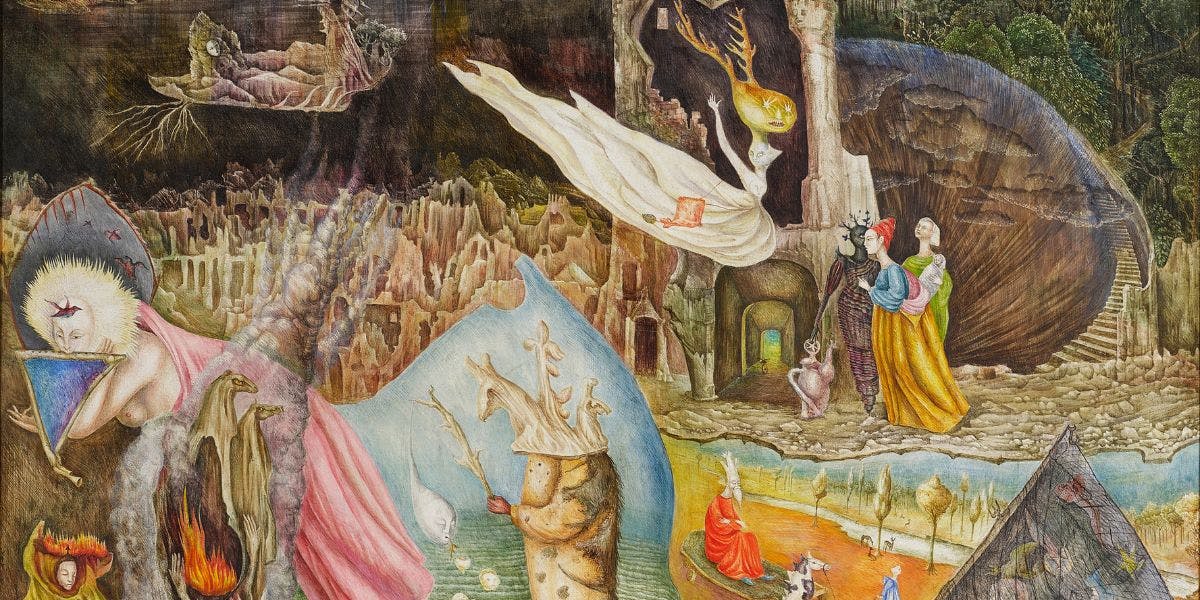 Leonora Carrington, Les Distractions de Dagobert. Tempera sur Masonite, 1945. Image © Sotheby's (détail)
Leonora Carrington, Les Distractions de Dagobert. Tempera sur Masonite, 1945. Image © Sotheby's (détail)