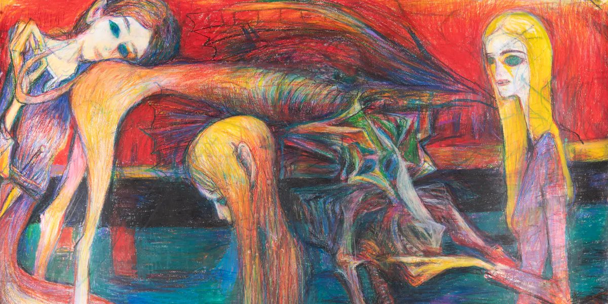 Oskar Korsár, 'Häxorna och vansinnet', vaxkrita på papper, 75 x 107 cm, signerad Oskar Korsár, utförd 2024. Foto © Åmells Konsthandel (beskuren)