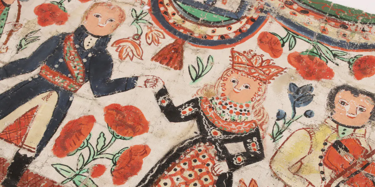 Painted wall hanging, folk art, southern Sweden, 19th century. Photo © Dalarnas Auktionsbyrå (detail)