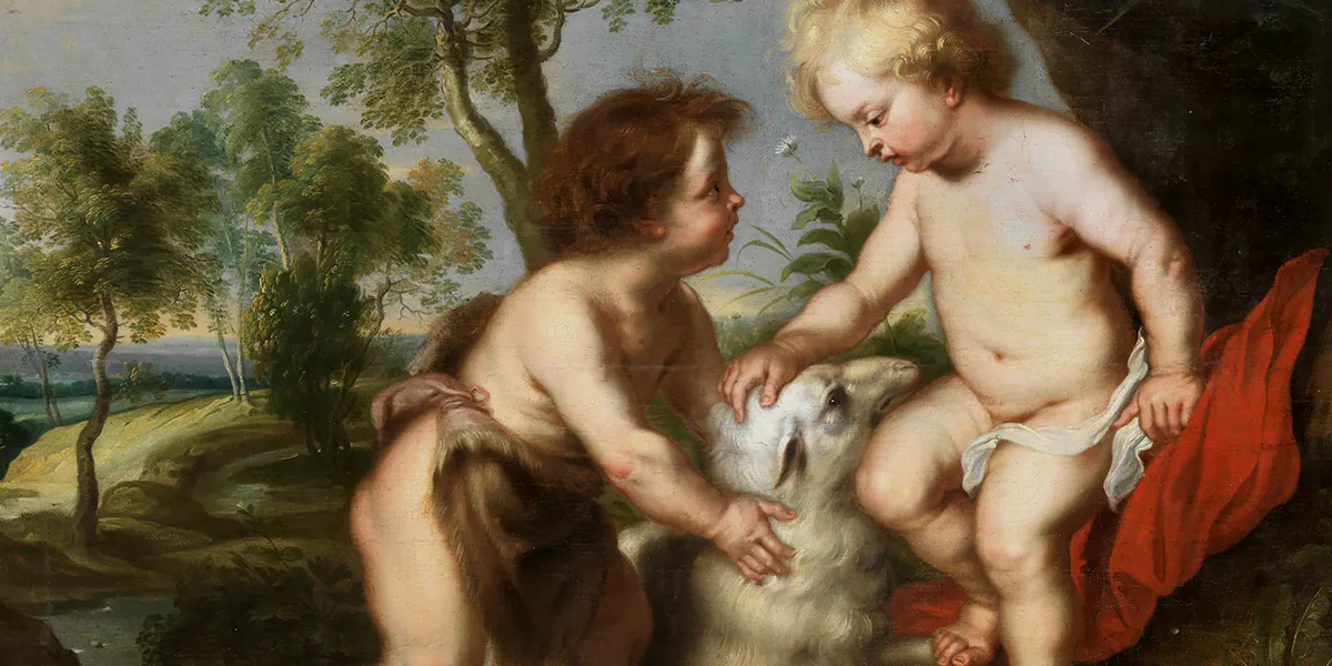 Peter Paul Rubens (1577 Siegen - 1640 Antwerpen) und Werkstatt, Jesus und Johannes in jugendlichem Alter, Öl/Lwd., doubliert, rückseitig Etikett und Nummerierung, 125 x 158 cm, gerahmt. Foto © Hampel (Detail)