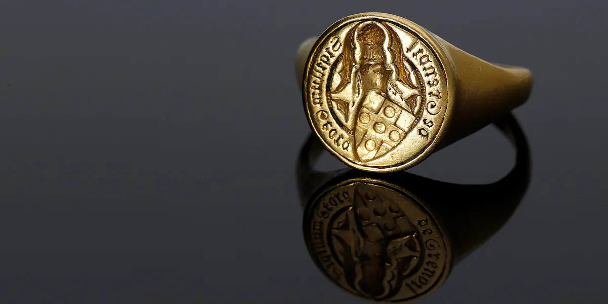 Questo anello d'oro, appartenuto a un primo ministro britannico, è stato recuperato da un pascolo nel Buckinghamshire. Foto © Noonans (dettaglio)