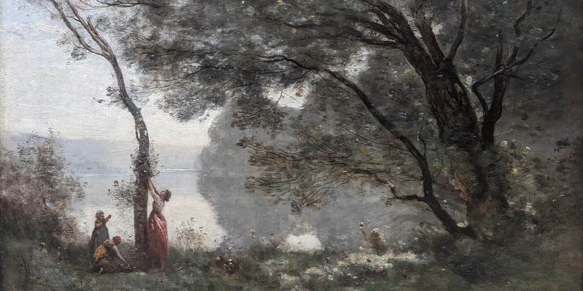 Jean-Baptiste Camille Corot, "Souvenier de Mortefontaine", 1864, Öl/Lwd., 65 x 89 cm, Musée du Louvre, Paris. Foto gemeinfrei (Detail)