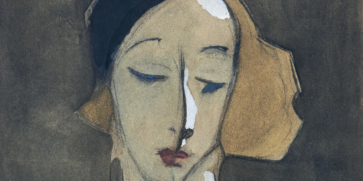 Helene Schjerfbeck (1862-1946), 'Flicka med basker', akvarell, gouache och kol på papper, 47,5 x 33,5 cm, 1935. Målningen blev auktionens dyraste utrop när den såldes för 14 250 000 kronor. Foto © Uppsala Auktionskammare (detalj)